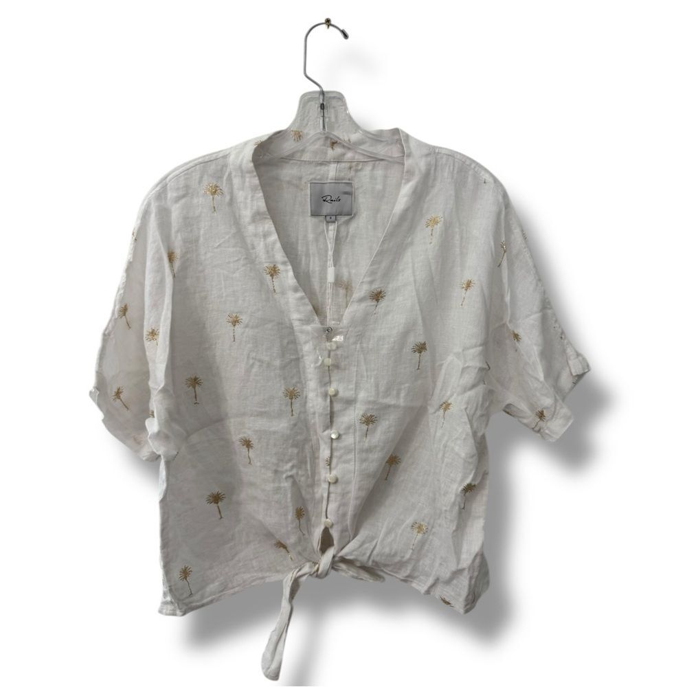 Rails Thea Golden Palms Linen Blouse S White Tie Hem Coastal Resort Top